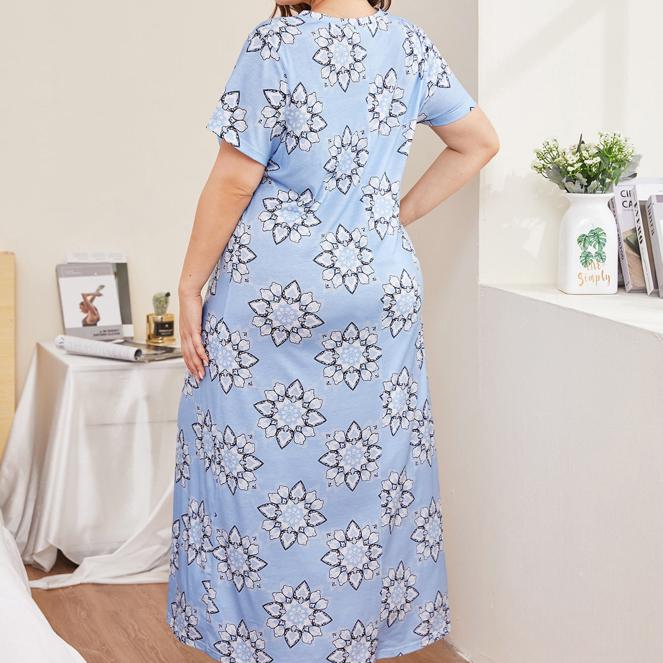 Plus Size Long Nightgown with Printed V-Neck