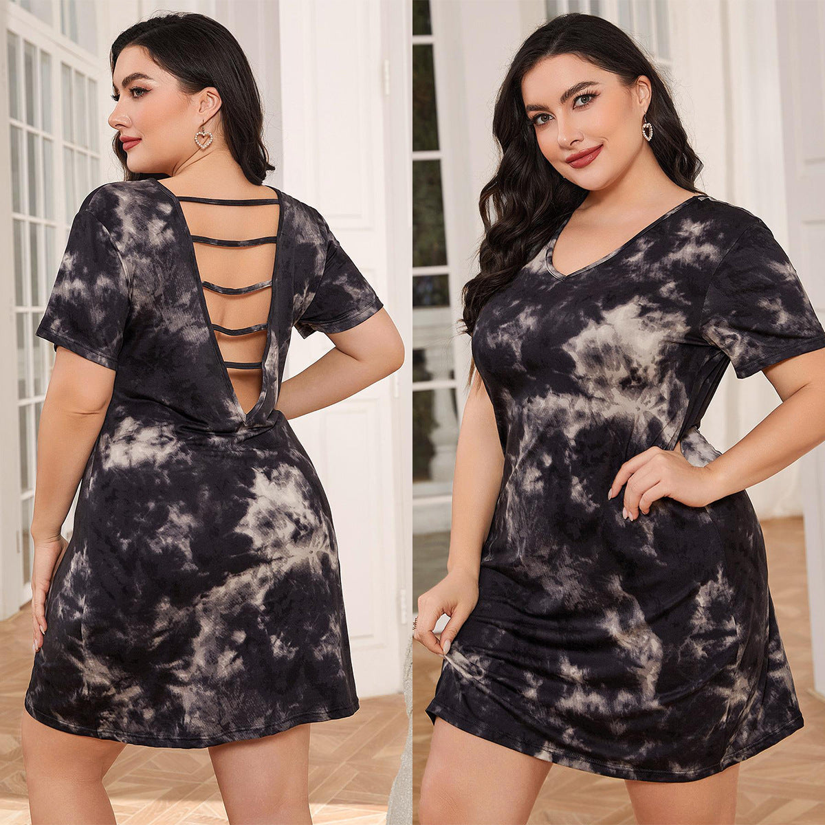 Plus Size Tie Dye Nightgown with V-Neck and Short Sleeves