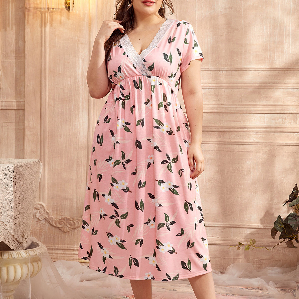 Plus Size Lace Nightdress with Print