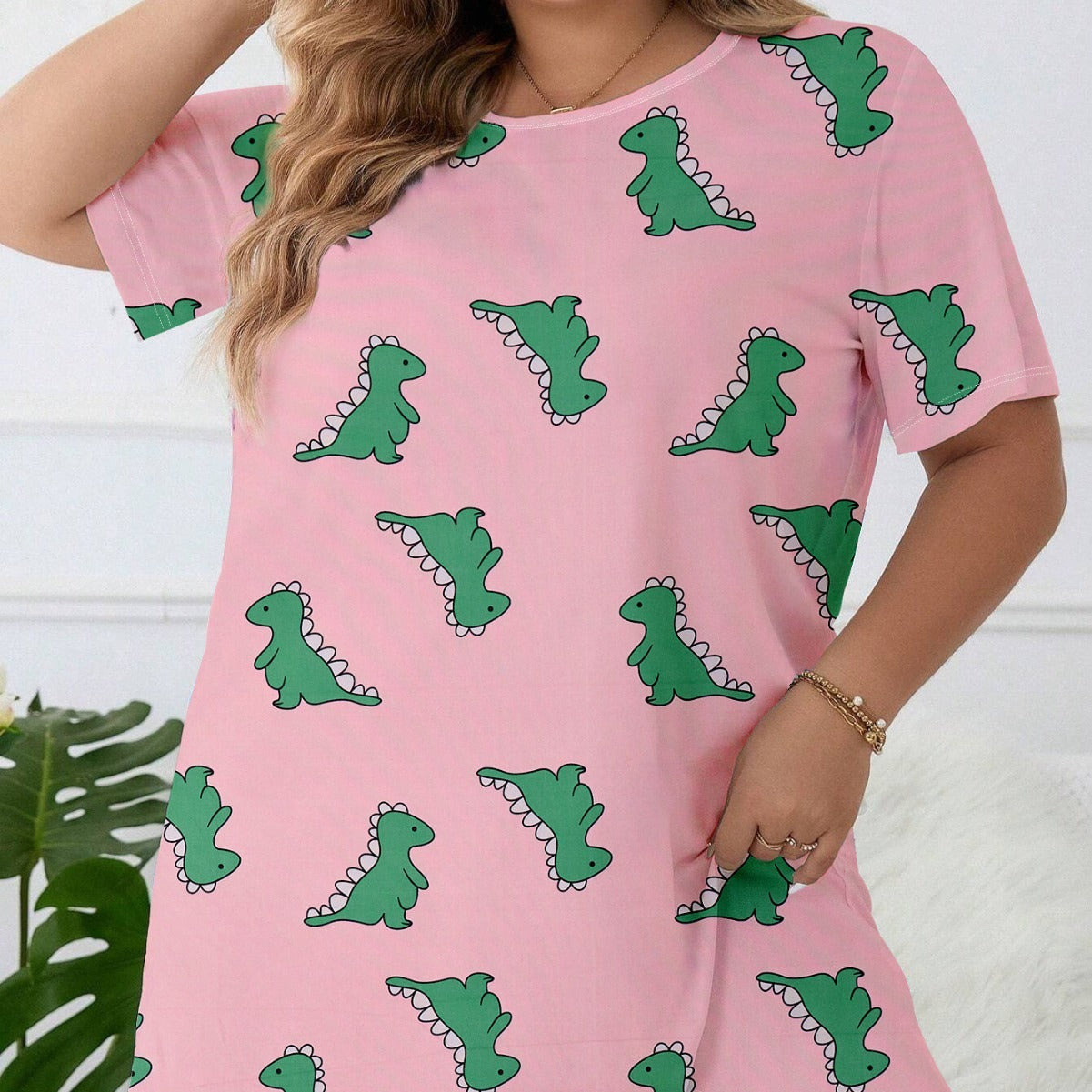 Plus Size Pink Nightgown with Dinosaur Print