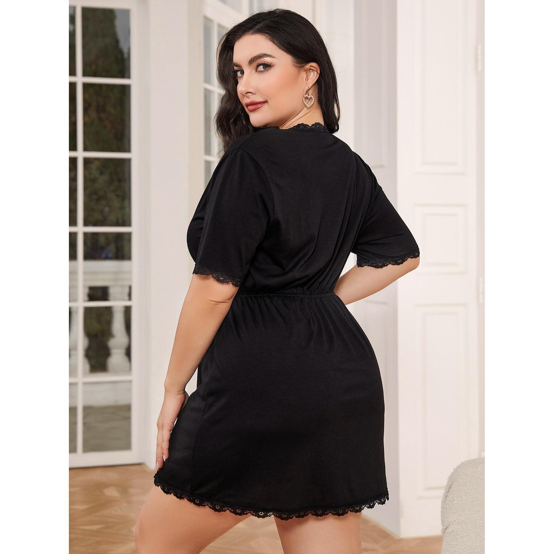 Plus Size Women's Nightgown with Deep V-Neck and Short Sleeves