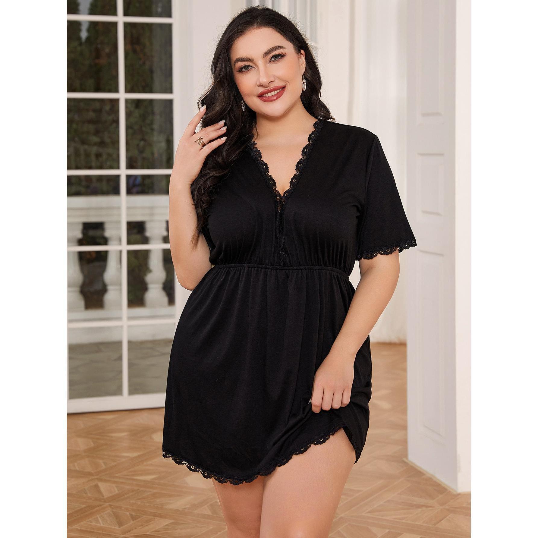 Plus Size Women's Nightgown with Deep V-Neck and Short Sleeves