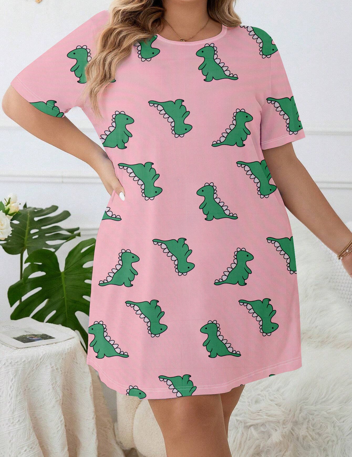 Plus Size Pink Nightgown with Dinosaur Print