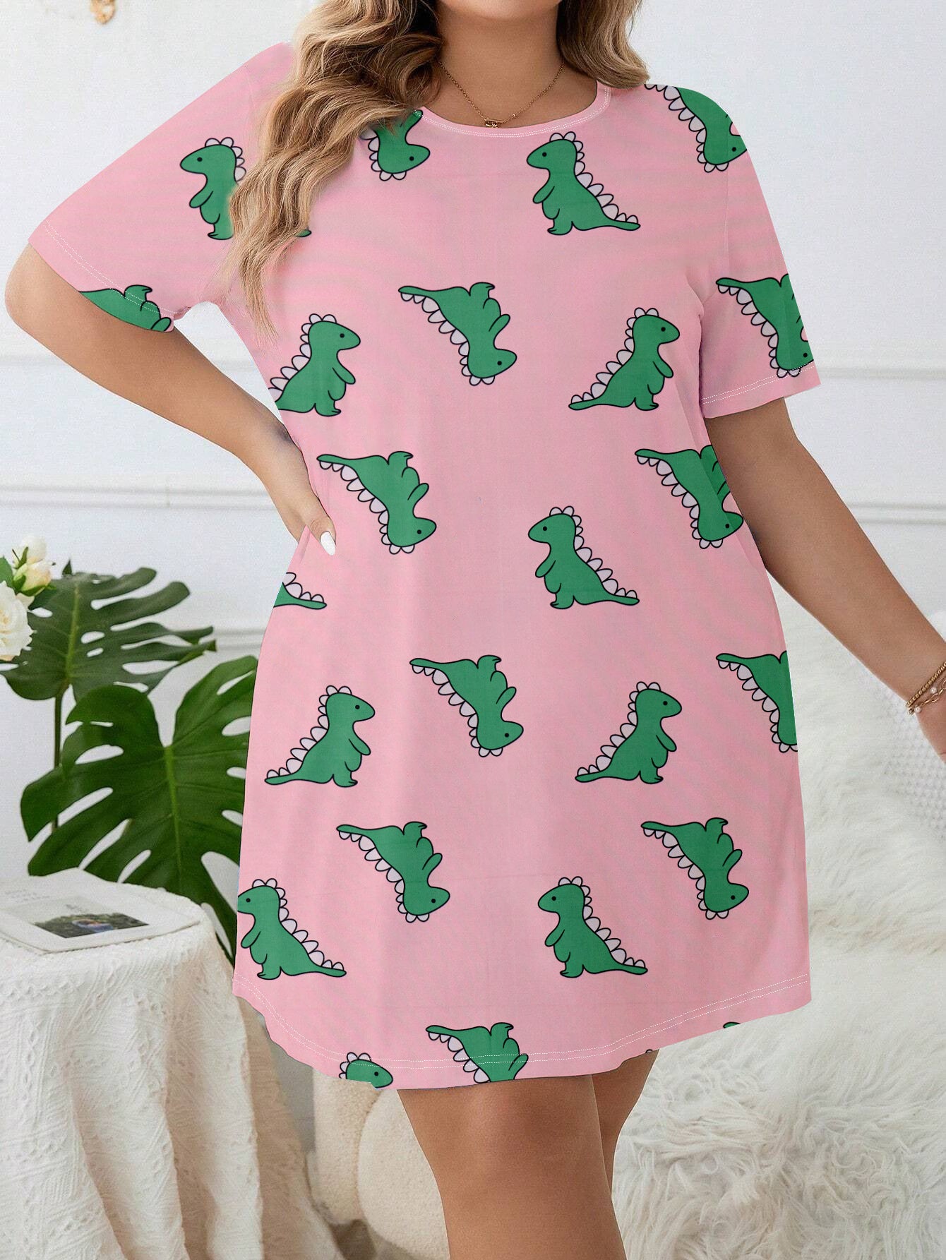 Plus Size Pink Nightgown with Dinosaur Print