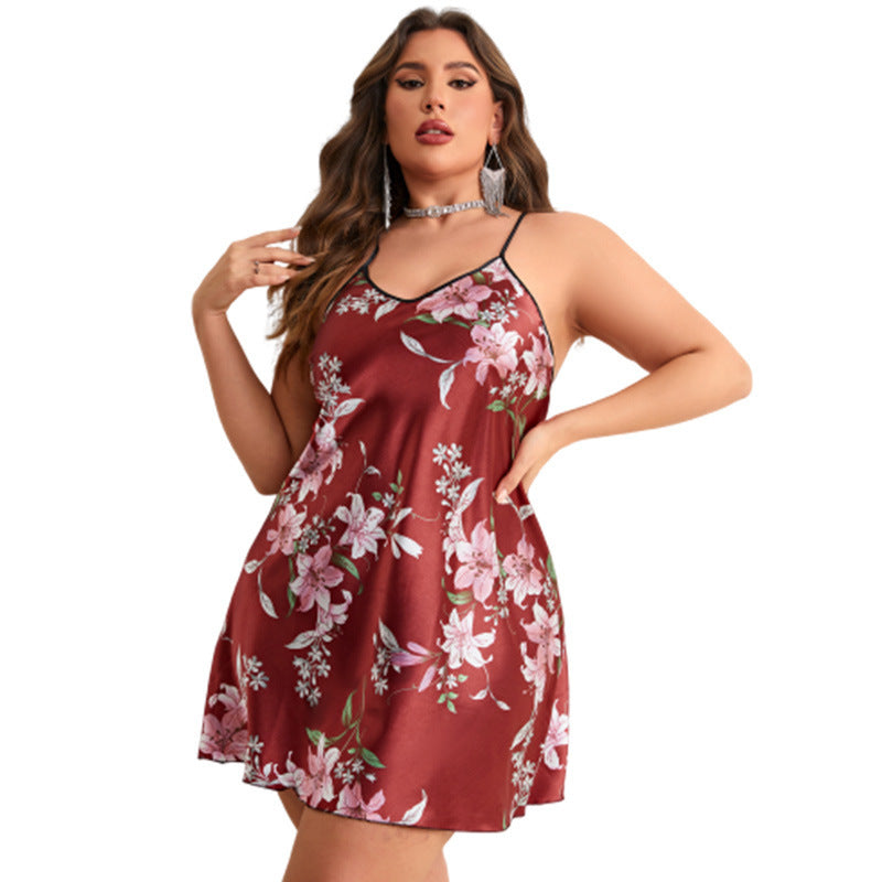 Plus Size Women's Satin Nightgown with Floral Print