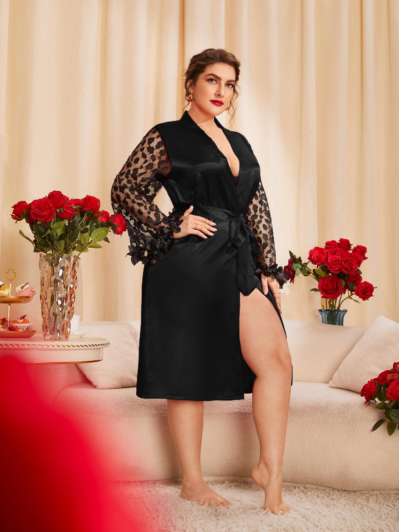 Women's Plus Size Sexy Bathrobe with Thin Lace