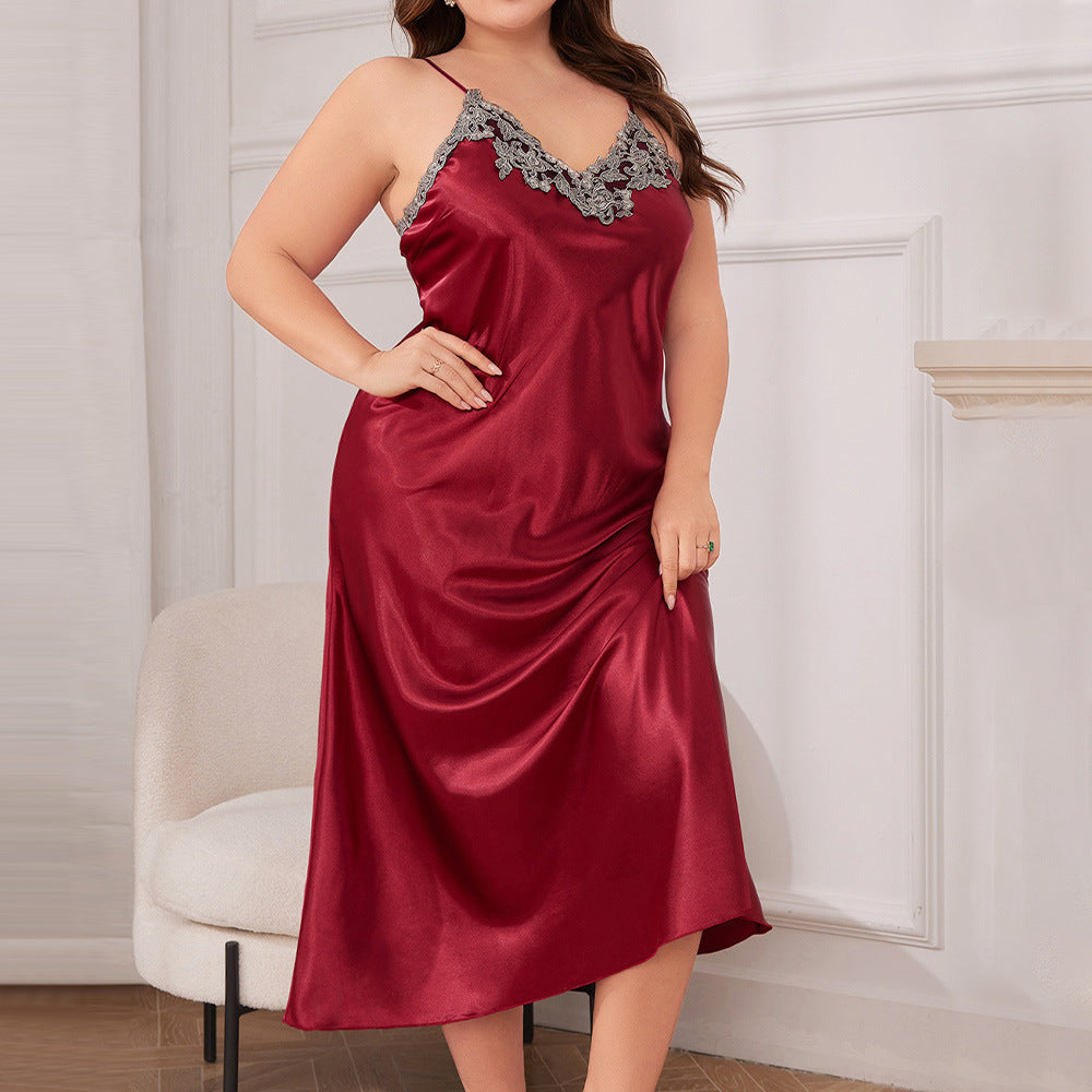 Plus Size Long Satin Nightgown with Lace Trim