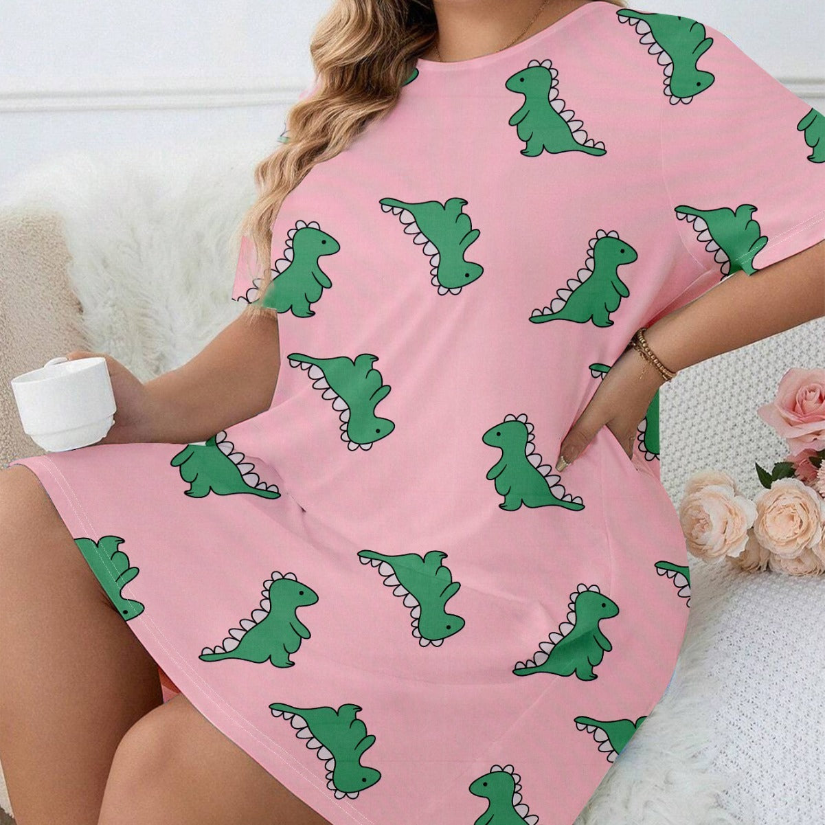 Plus Size Pink Nightgown with Dinosaur Print