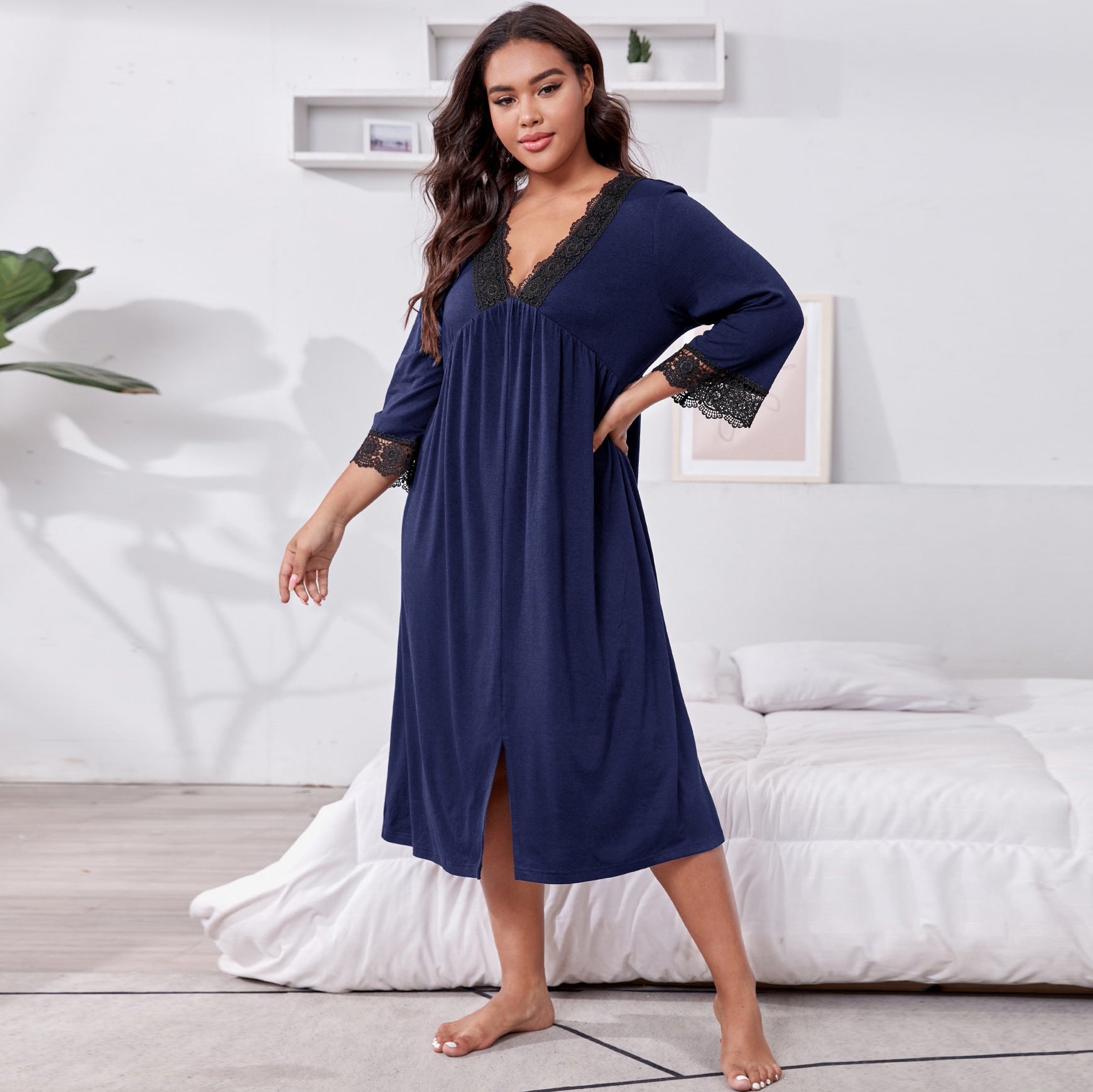 Home Wear Plus Size Three-quarter Sleeve Nightdress