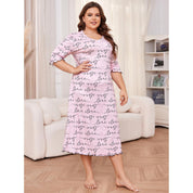 Plus Size Letter Print V-Neck Nightgown: Half Sleeves Sleepwear Dress