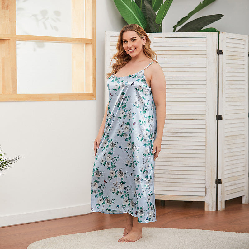 Plus Size Satin Cami Nightgown with Spaghetti Straps and Print