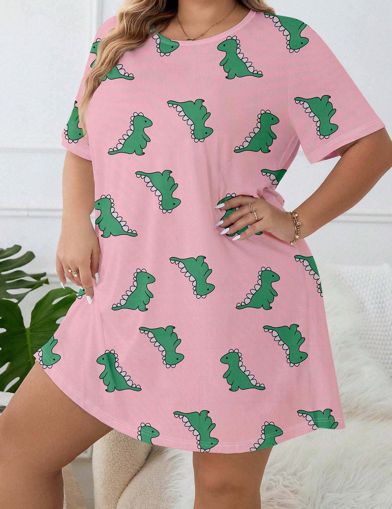 Plus Size Pink Nightgown with Dinosaur Print