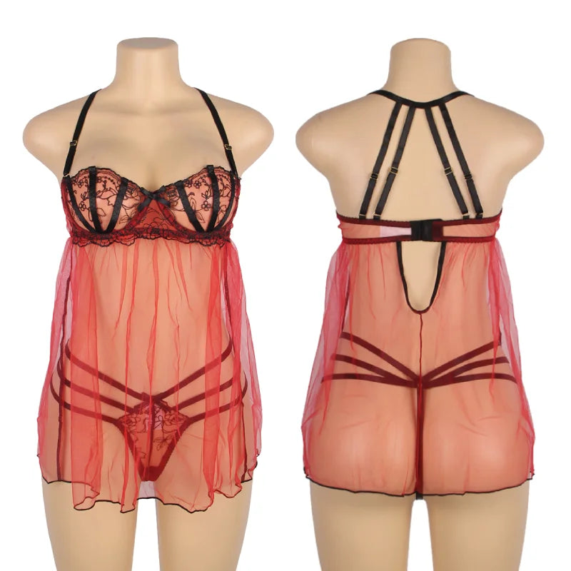 Plus Size Mini Halter Mesh Lingerie Nightdress