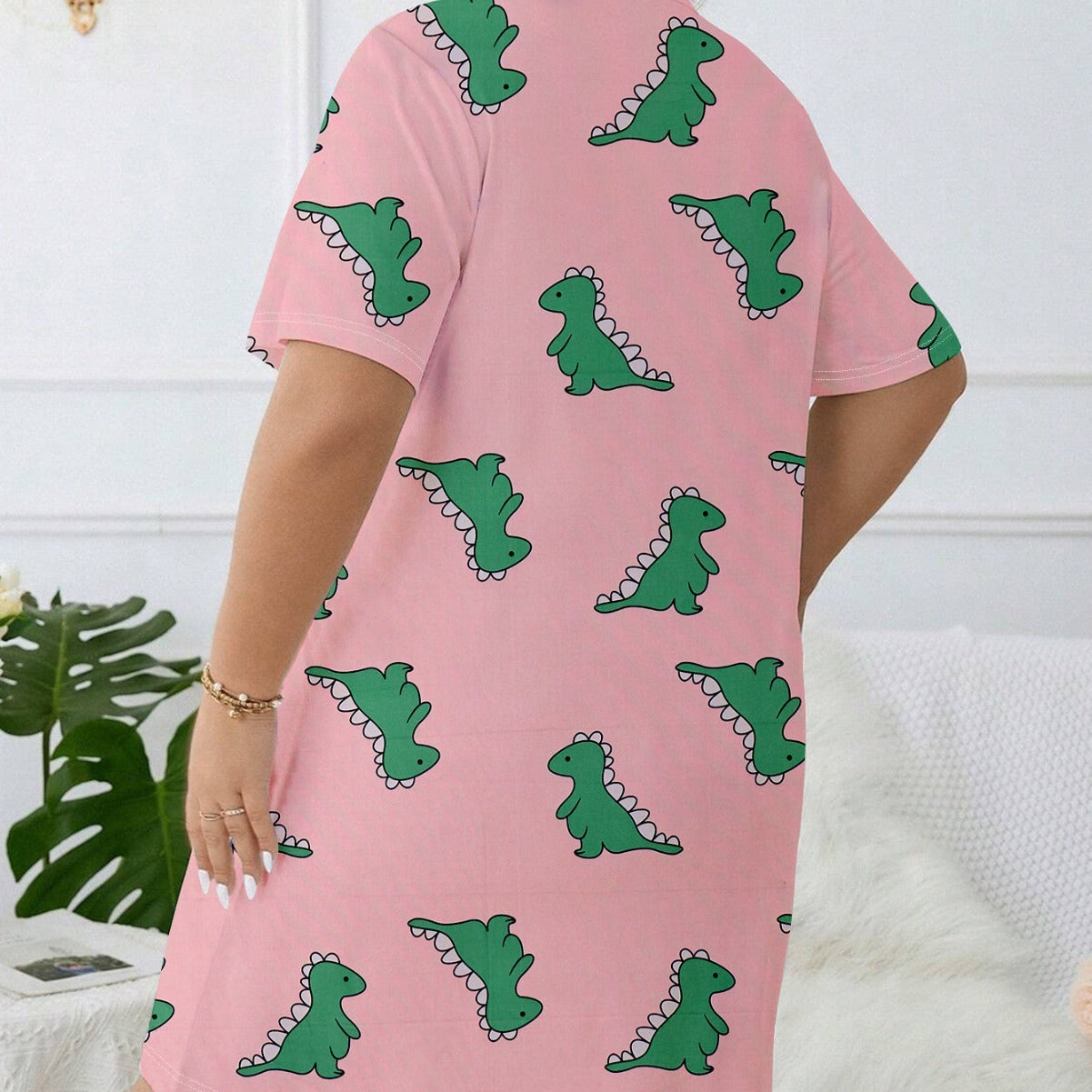 Plus Size Pink Nightgown with Dinosaur Print