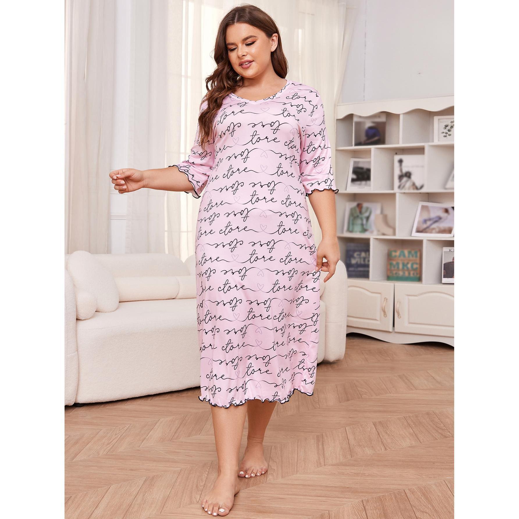 Plus Size Letter Print V-Neck Nightgown: Half Sleeves Sleepwear Dress