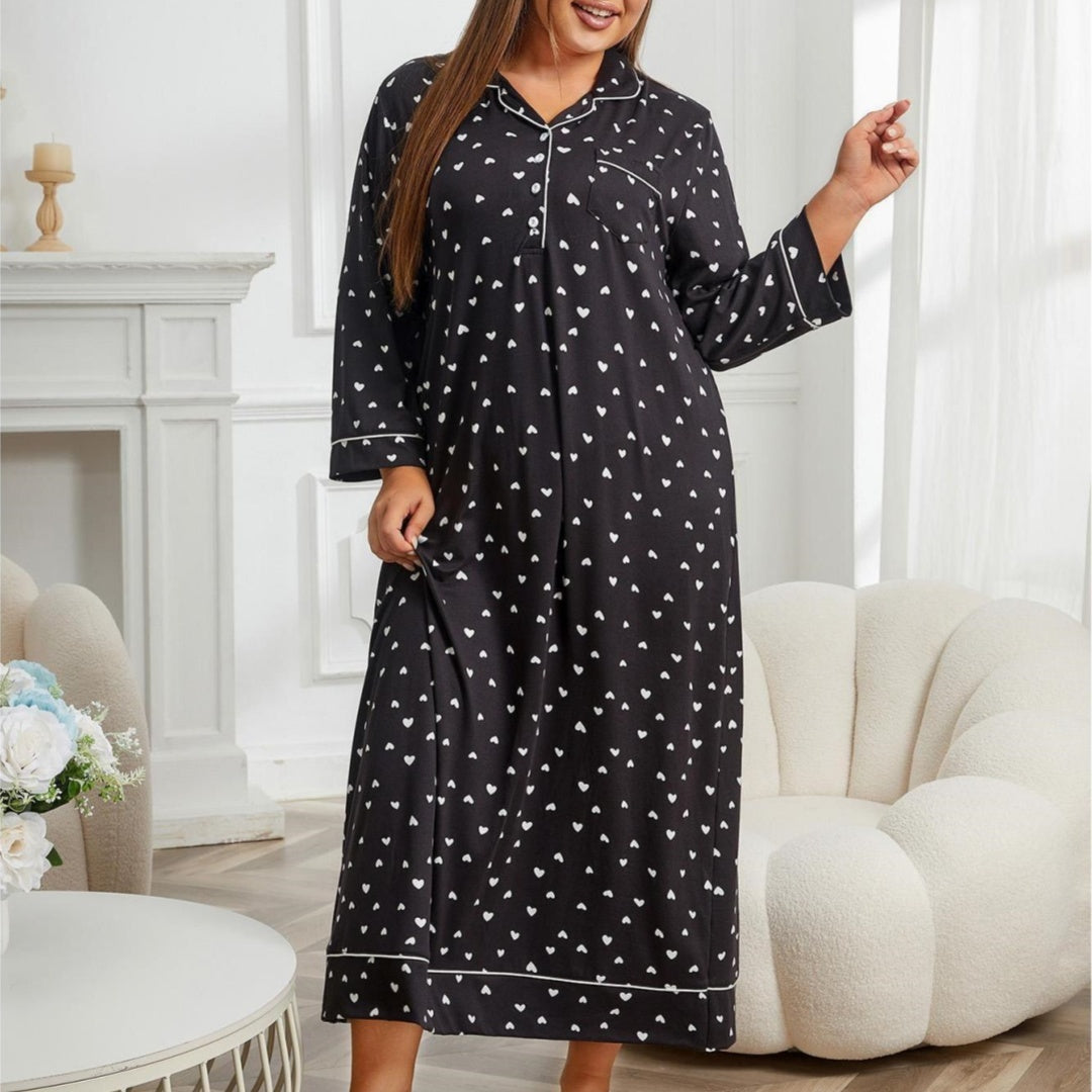 Plus Size Women's Nightgown with Notched Collar and Front Buttons